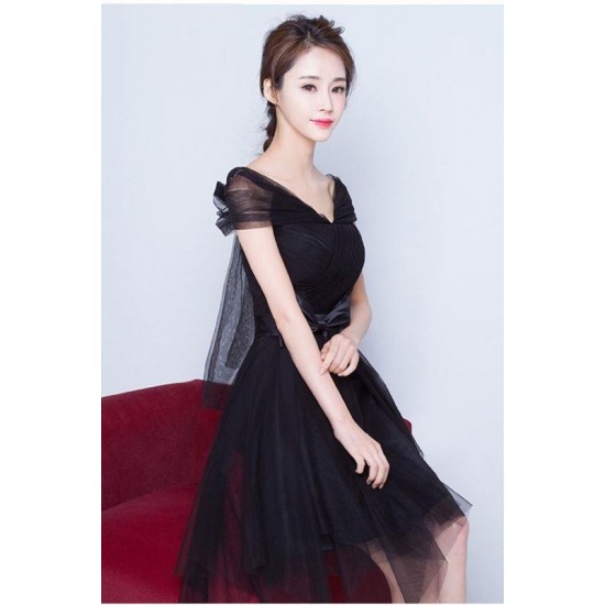 Black Short Knee Length Tulle Evening Party Prom Dress