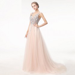 Long Deep V Neck Backless Beads Party Gown Dress