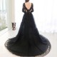 Black Appliques Sequin Split A-line Womens Prom Dress