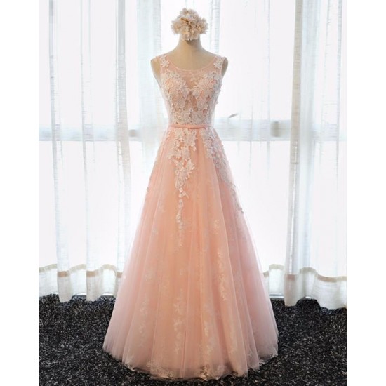 Pink Princess Prom Dress Scoop Neck Lace Up Formal Party Gown
