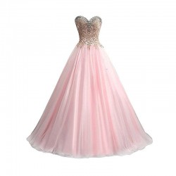 Beaded Gold Lace Floor Length Pink Ball Gown Prom Dress