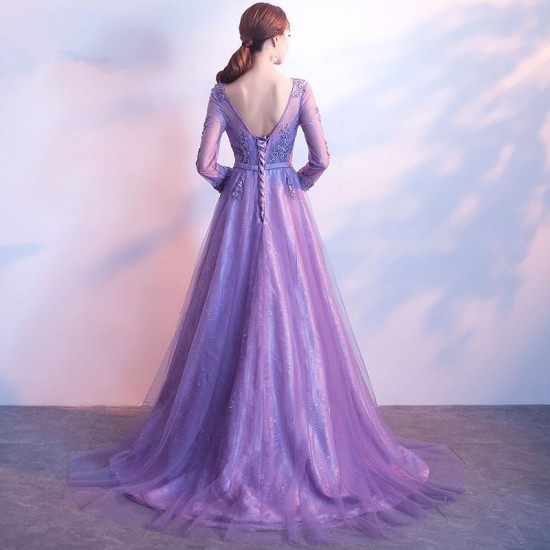 Purple Prom Dress Lace Appliqued A-line Evening Party Gowns