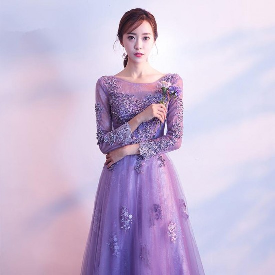 Purple Prom Dress Lace Appliqued A-line Evening Party Gowns