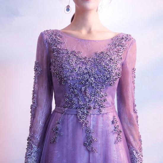 Purple Prom Dress Lace Appliqued A-line Evening Party Gowns