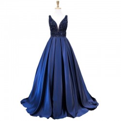 Navy Blue Satin Ball Gowns Prom Dresses with Stones
