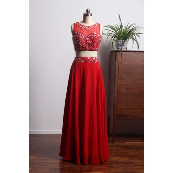 Elegant Two Pieces Prom Dresses Long Chiffon Red Evening Gowns