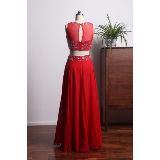 Elegant Two Pieces Prom Dresses Long Chiffon Red Evening Gowns