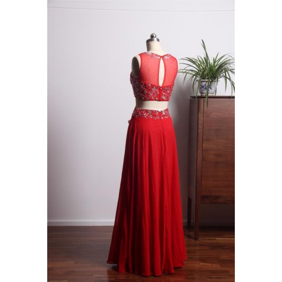 Elegant Two Pieces Prom Dresses Long Chiffon Red Evening Gowns