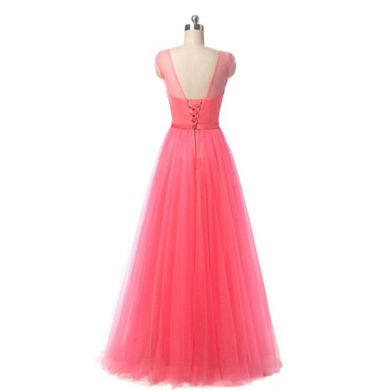 Long Prom Dress Lace-up Back Beadings Tulle A Line Evening Gowns