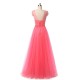 Long Prom Dress Lace-up Back Beadings Tulle A Line Evening Gowns