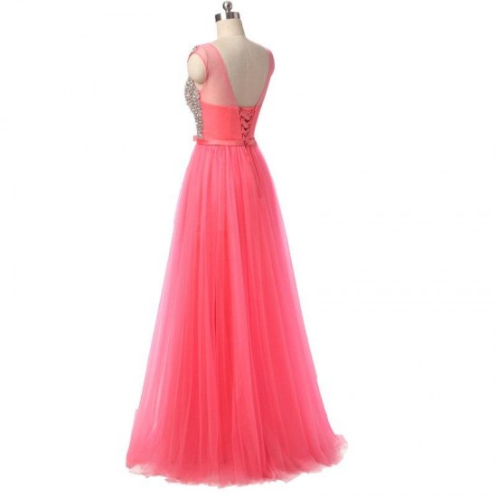 Long Prom Dress Lace-up Back Beadings Tulle A Line Evening Gowns