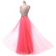 Long Prom Dress Lace-up Back Beadings Tulle A Line Evening Gowns