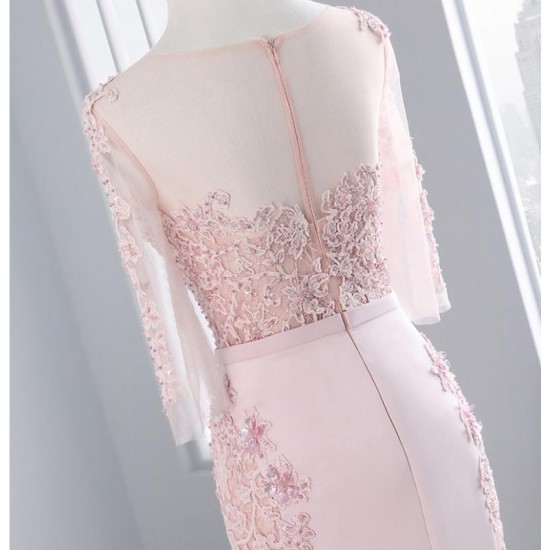 Pink Long Sleeve Lace Prom Dress Mermaid Party Evening Dress