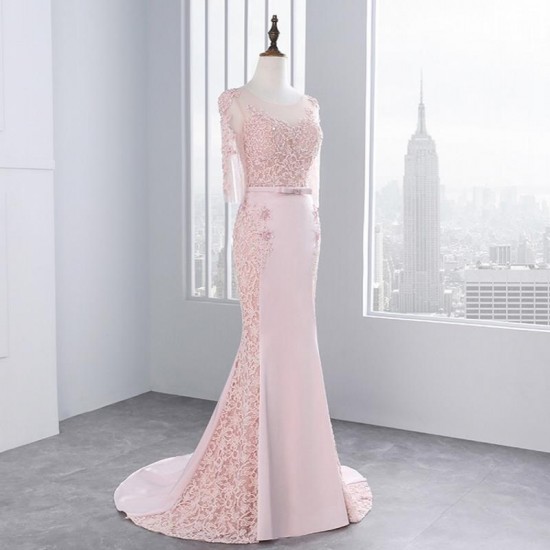 Pink Long Sleeve Lace Prom Dress Mermaid Party Evening Dress