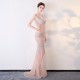 Long V-Neck Tulle Crystal Beading Formal Prom Dress