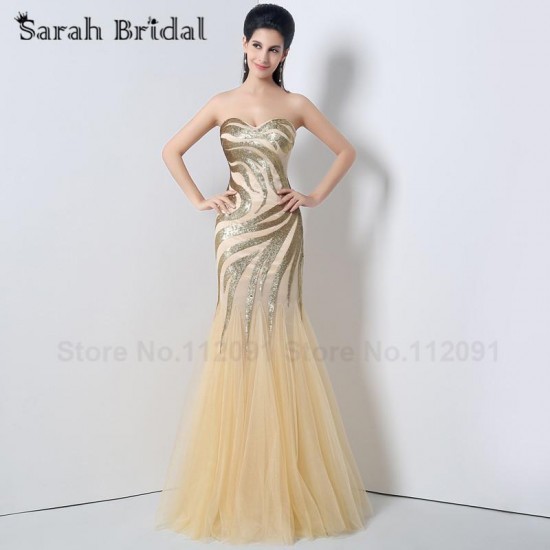 Gold Sequined Shape Prom Dresses Mermaid Long Gowns