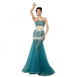 Sweetheart Long Prom Dresses Teal Green Lace Tulle Formal Dress