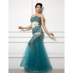 Sweetheart Long Prom Dresses Teal Green Lace Tulle Formal Dress