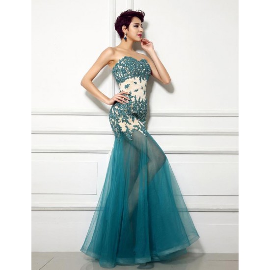 Sweetheart Long Prom Dresses Teal Green Lace Tulle Formal Dress