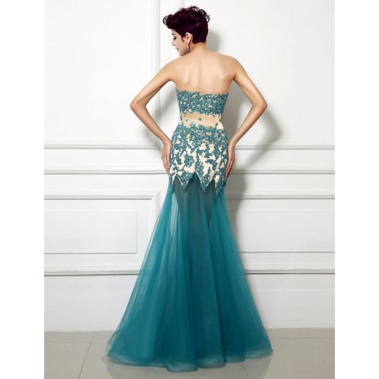 Sweetheart Long Prom Dresses Teal Green Lace Tulle Formal Dress