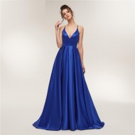 Royal Blue Prom Dress Long V-Neck Satin Prom Party Dress