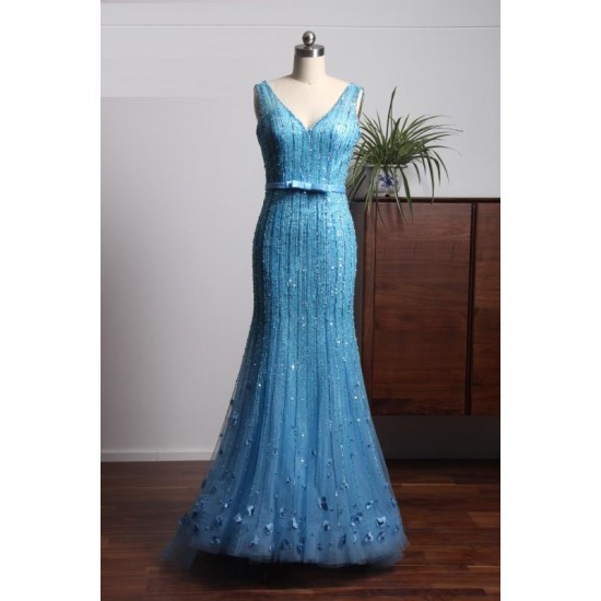 Mermaid Prom Dresses V-neck Floor Length Beading Sequins