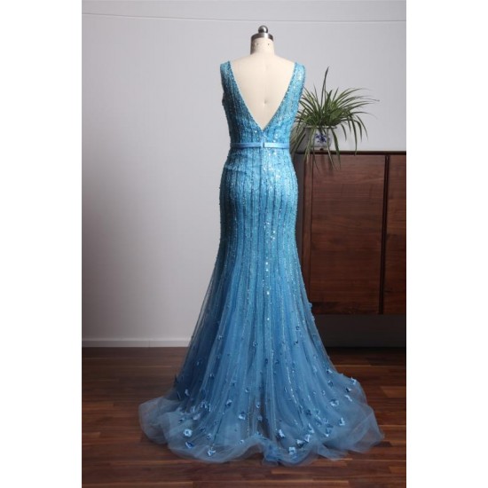 Mermaid Prom Dresses V-neck Floor Length Beading Sequins