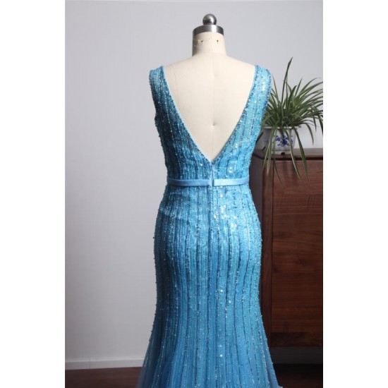 Mermaid Prom Dresses V-neck Floor Length Beading Sequins