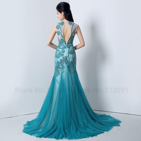 Blue Embroidery Prom Dress Mermaid Long Evening Gowns Beading