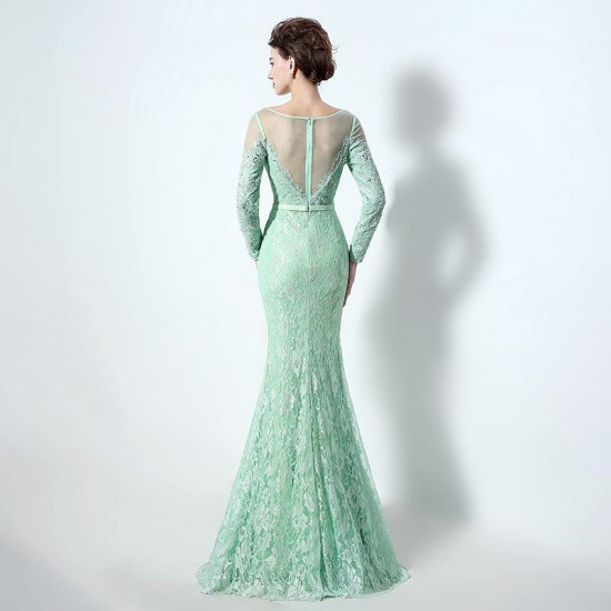Long Sleeve Lace Tulle Aqua Green Mermaid Prom Dresses with Beaded