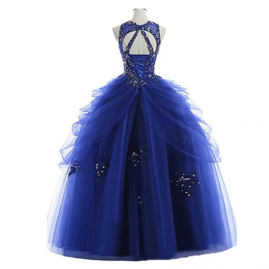 Beadings Tulle Floor Length Party Dress Long Blue Prom Dress