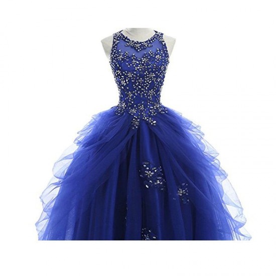 Beadings Tulle Floor Length Party Dress Long Blue Prom Dress