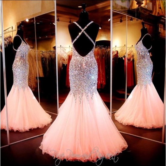 Coral Backless Mermaid Long Prom Dresses Spaghetti Strap