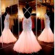 Coral Backless Mermaid Long Prom Dresses Spaghetti Strap