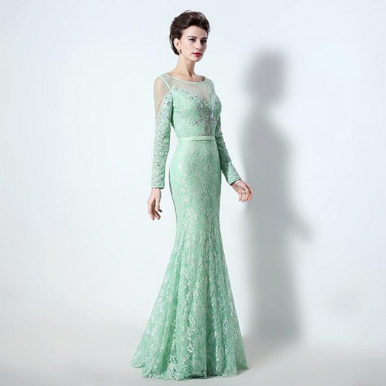 Long Sleeve Lace Tulle Aqua Green Mermaid Prom Dresses with Beaded