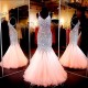 Coral Backless Mermaid Long Prom Dresses Spaghetti Strap