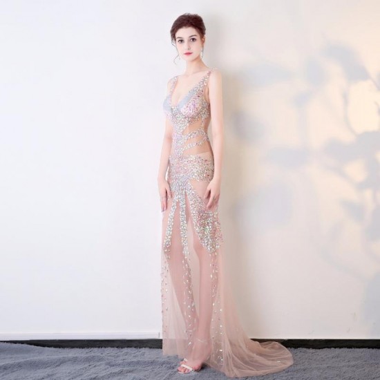Mermaid Long V-Neck Crystal Beading Formal Prom Dress