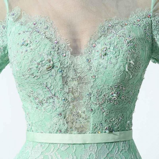 Long Sleeve Lace Tulle Aqua Green Mermaid Prom Dresses with Beaded