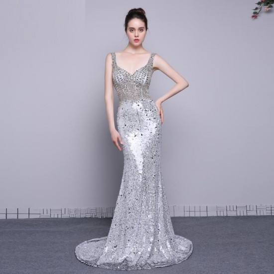 V Neck Sleeveless Sequin Mermaid Long Prom Dress