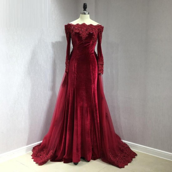 Burgundy Long Mermaid Prom Dress Off Shoulder Beaded