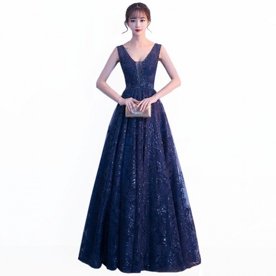 Navy Blue Ball Gown Appliqued Beaded Evening Party Gowns