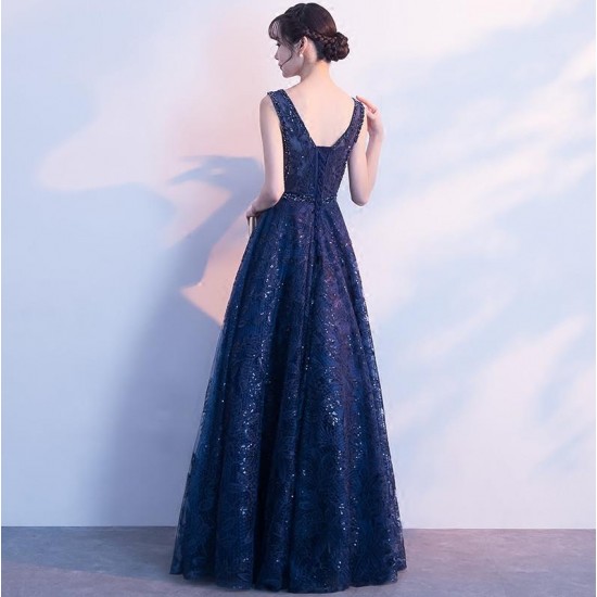 Navy Blue Ball Gown Appliqued Beaded Evening Party Gowns