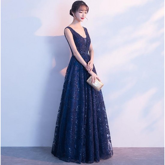 Navy Blue Ball Gown Appliqued Beaded Evening Party Gowns