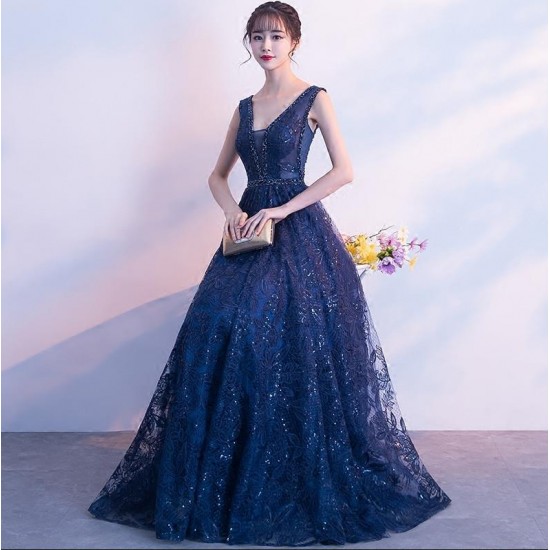 Navy Blue Ball Gown Appliqued Beaded Evening Party Gowns