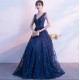 Navy Blue Ball Gown Appliqued Beaded Evening Party Gowns