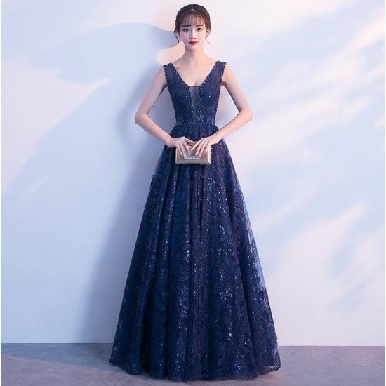 Navy Blue Ball Gown Appliqued Beaded Evening Party Gowns