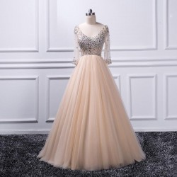 Beaded Crystal Half Sleeve Champagne Prom Dress