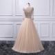 Beaded Crystal Half Sleeve Champagne Prom Dress