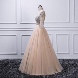 Beaded Crystal Half Sleeve Champagne Prom Dress
