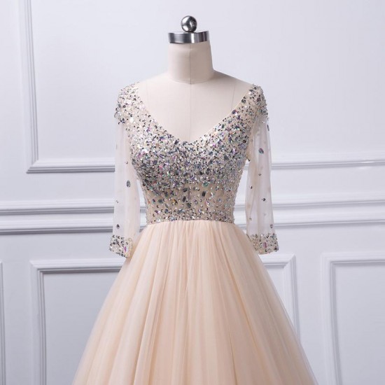 Beaded Crystal Half Sleeve Champagne Prom Dress